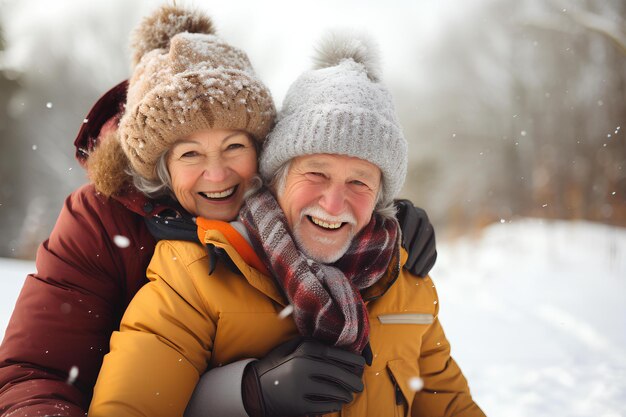 Una coppia di anziani si diverte sulla neve