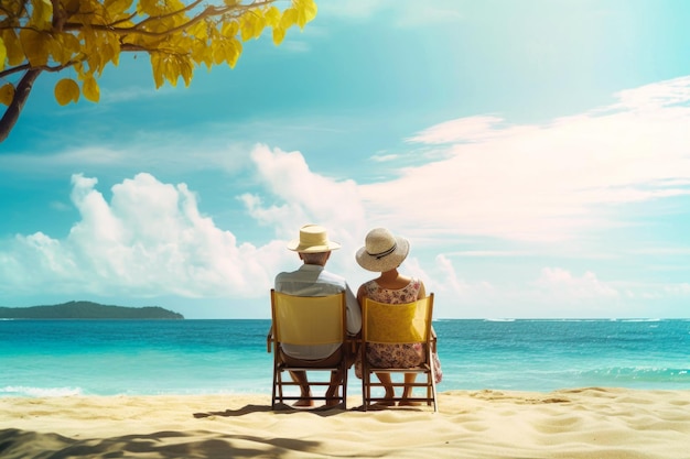Una coppia di anziani si rilassa in cima a una sedia da spiaggia gialla brillante vicino al mare godendosi un momento di pace al sole
