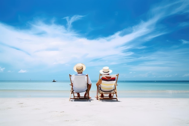 Una coppia di anziani si rilassa sulla spiaggia con il cielo blu Viaggi per la pensione generati dall'AI