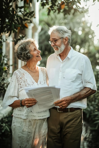 Una coppia di anziani si sorride mentre tengono in mano i documenti dell'assicurazione per tutta la vita di sicurezza e protezione