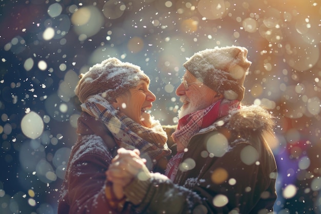 Una coppia di anziani sorridenti e felici danza sotto la neve invernale Vecchia donna e uomo sentono meraviglia e gioia