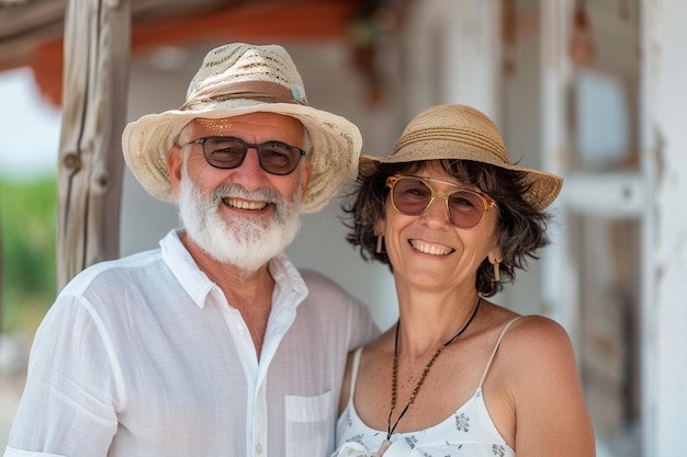 Una coppia di anziani sorridenti fa una posa felice insieme in foto