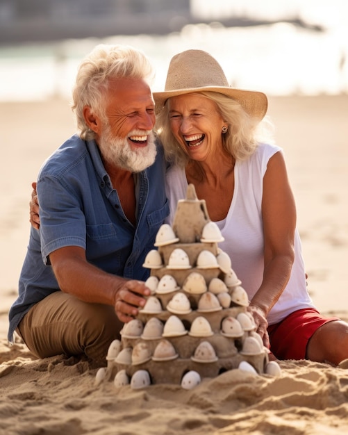 Una coppia di anziani sta costruendo un castello di sabbia sulla spiaggia