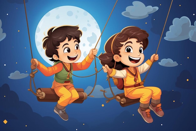 una coppia di bambini che giocano su un'altalena con la luna sullo sfondo.
