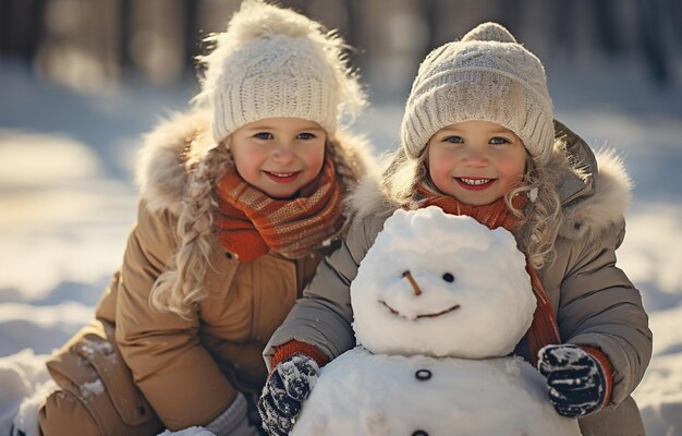 Una coppia di bambini contenti che costruiscono un pupazzo di neve in una giornata invernale