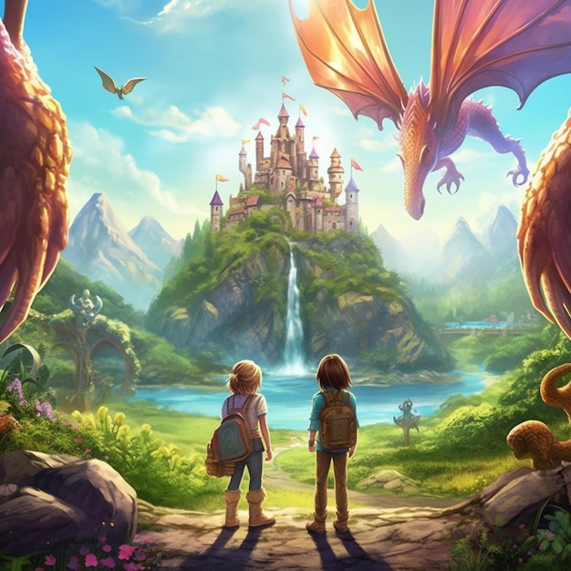 una coppia di bambini in piedi davanti a un castello con un drago che vola sopra di esso generatrice di intelligenza artificiale