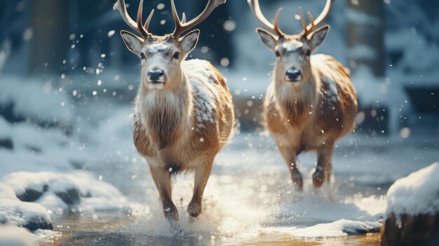 una coppia di cervi sta correndo su un fiume ghiacciato durante la nevicata intorno a una foresta di pini in inverno