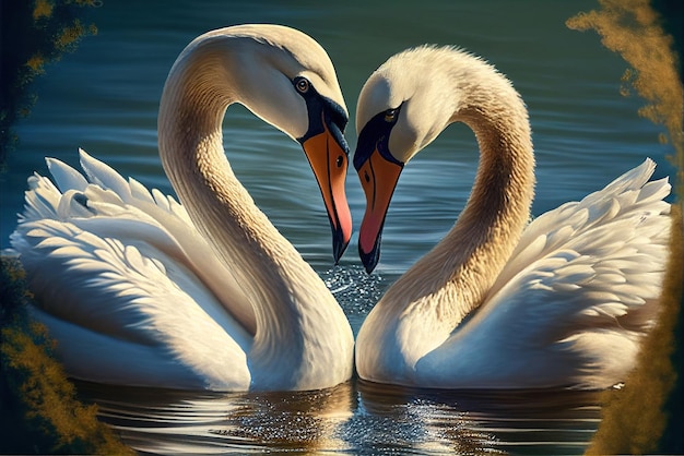 Una coppia di cigni che formano un cuore con i loro becchi.