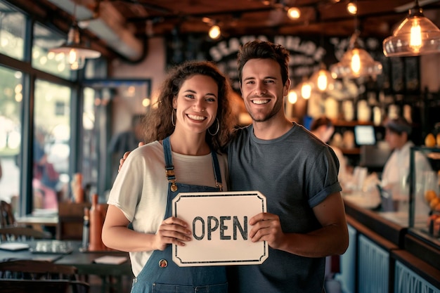 Una coppia di colleghi e proprietari di piccole imprese con un cartello aperto e felici al ristorante
