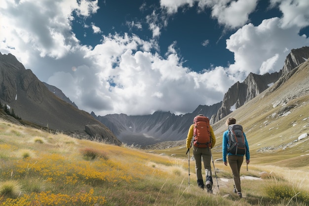 Una coppia di escursionisti che cammina attraverso le nuvole del passo di montagna