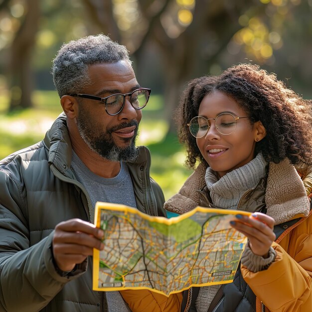 Una coppia di etnici usa una mappa locale in tandem Generative Ai