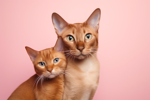 Una coppia di gatti ginger Abyssinian e beige seduti l'uno vicino all'altro su uno sfondo rosa