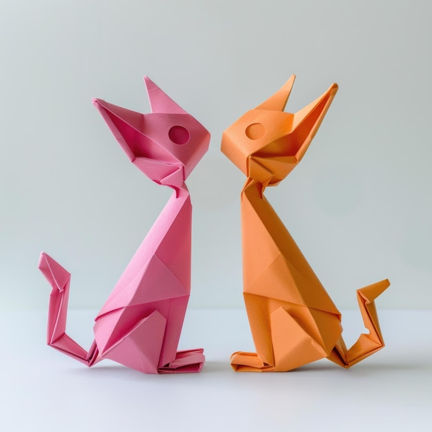 Una coppia di gatti origami seduti l'uno accanto all'altro un elemento di design per biglietti di auguri di artigianato origami