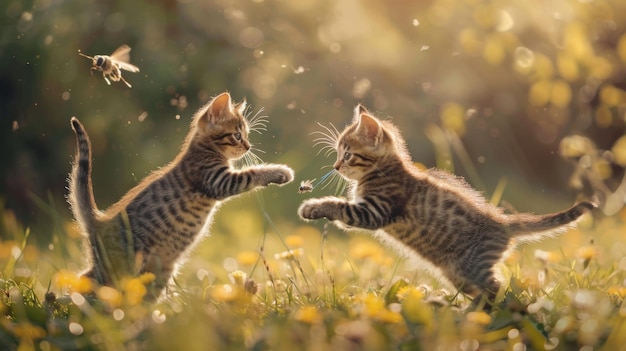 Una coppia di gattini che si impegnano in un gioco amichevole di tag con una mosca ruggente le loro code che sbattevano all'unisono