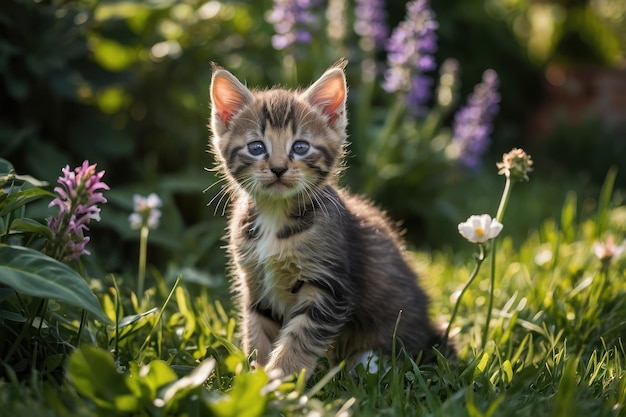 Una coppia di gattini giocosi che giocano in giardino