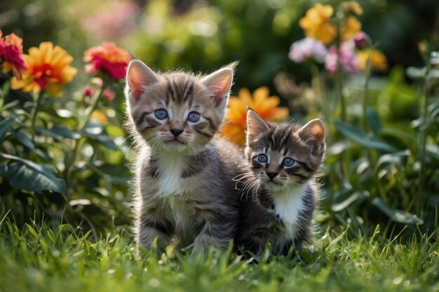 Una coppia di gattini giocosi che giocano in giardino