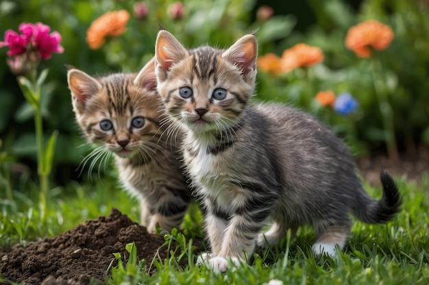 Una coppia di gattini giocosi che giocano in giardino