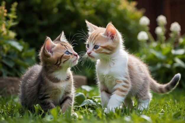 Una coppia di gattini giocosi che giocano in giardino