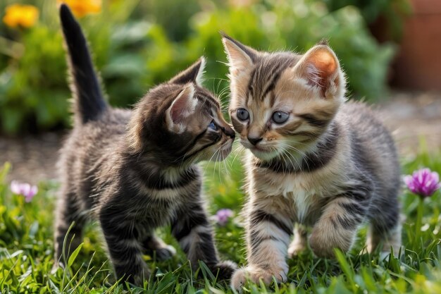 Una coppia di gattini giocosi che giocano in giardino