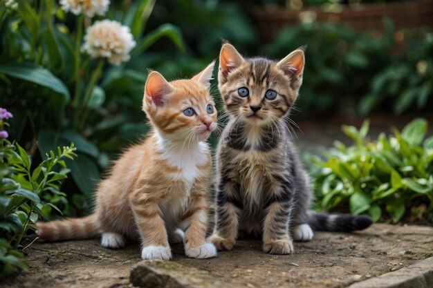 Una coppia di gattini giocosi che giocano in giardino