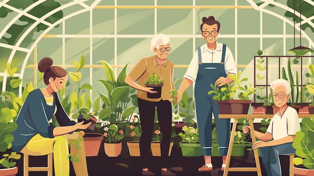 Una coppia di giardinieri anziani che lavorano nella serra del giardino con la loro famiglia