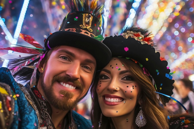 Una coppia di giovani che sorridono e si scattano selfie felici Coppie fidanzate festeggiano e si fotografano circondate da confetti Celebrazione e concetto di evento xA