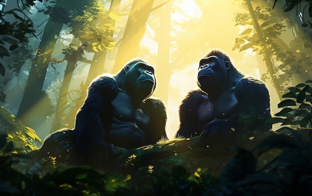 Una coppia di gorilla che si rilassa su un baldacchino verdeggiante IA generativa
