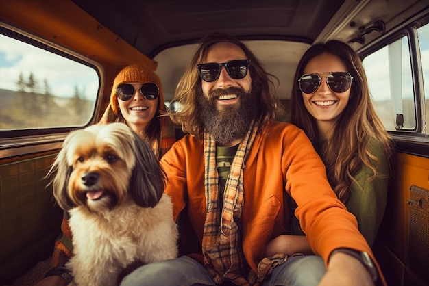 Una coppia di hipster che viaggia con il loro cane in un'attività di avventure retro mini van