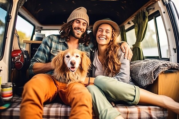 Una coppia di hipster e il loro cane si godono un'avventura in campeggio su un minivan in campeggio all'aria aperta creando ricordi indelebili