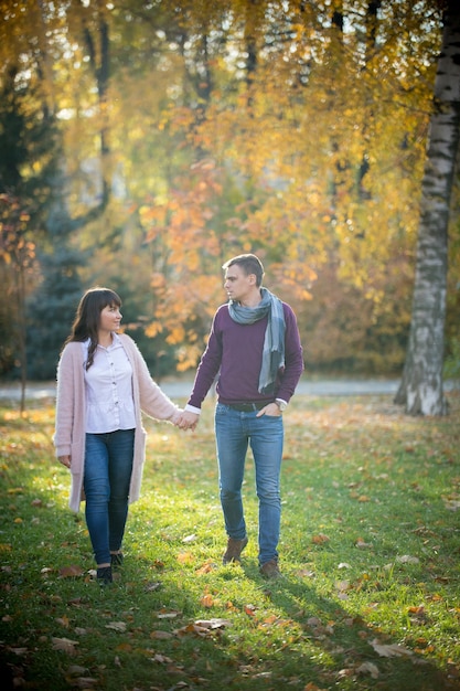 Una coppia di innamorati cammina tenendosi per mano nel parco autunnale