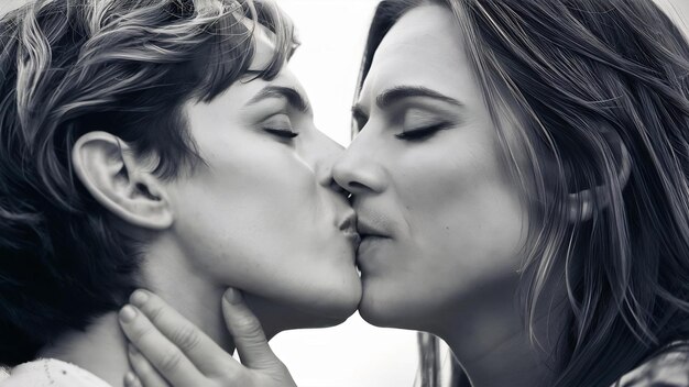 Una coppia di lesbiche che si baciano da vicino.