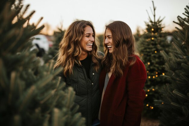 Una coppia di lesbiche sfoglia gli alberi di Natale sullo sfondo del mercato festivo aumentando la loro felicità mentre si preparano per una deliziosa vacanza insieme