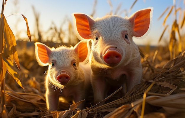 Una coppia di maiali in piedi in un campo Due piccoli maiali sono in piedi in mezzo a un campo