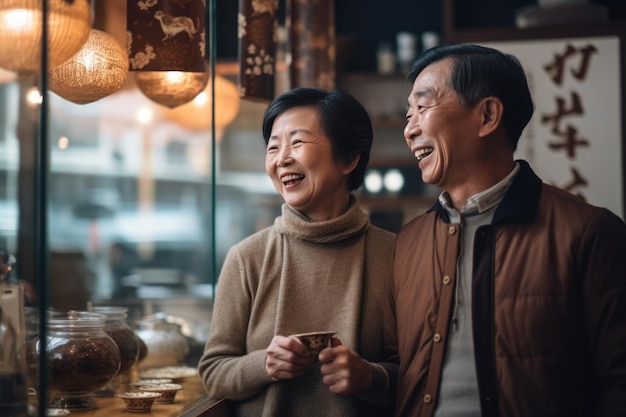 Una coppia di mezza età che si diverte a frequentarsi in un caffè.