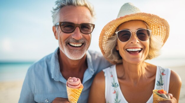 Una coppia di mezza età che si diverte sulla spiaggia, le vacanze estive, un uomo e una donna felici.