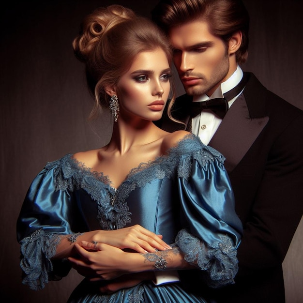 Una coppia di modelle attraenti in eleganti abiti vittoriani