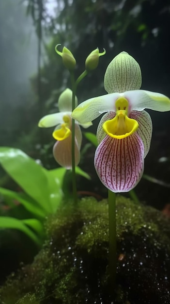 Una coppia di orchidee è vista in un giardino.