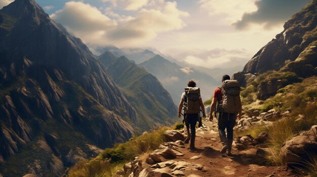 una coppia di persone che si arrampicano su una montagna con le montagne sullo sfondo.