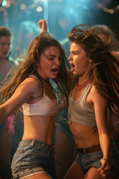 Una coppia di ragazze appassionate che ballano e urlano in una discoteca