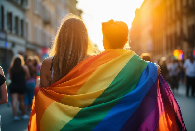 Una coppia di ragazze avvolte in una bandiera arcobaleno ad una manifestazione