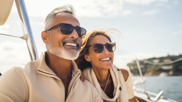 Una coppia di razza mista di mezza età sorridente che si diverte a fare un giro in barca a vela in un giorno d'estate