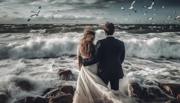 Una coppia di sposi abbraccia l'amore e la libertà sulla costa sabbiosa generata dall'intelligenza artificiale
