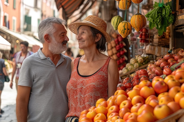 Una coppia di turisti anziani che fanno acquisti in un mercato stradale