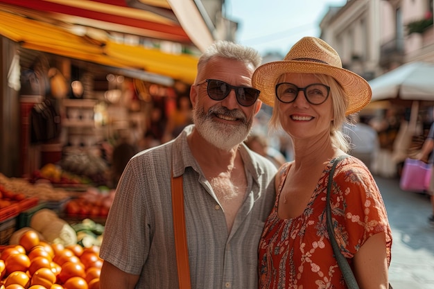 Una coppia di turisti caucasici adulti che fanno acquisti in un mercato stradale