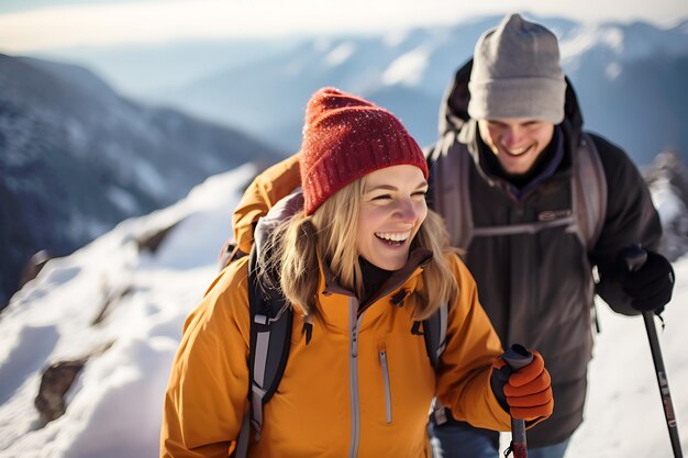 Una coppia di turisti in abiti da sci si arrampicano su un sentiero di montagna coperto di neve