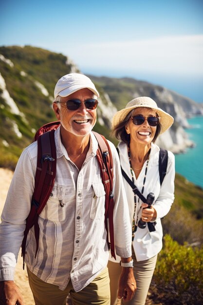 Una coppia di turisti più anziani stanno camminando vicino alla scogliera turisti positivi AI generativa