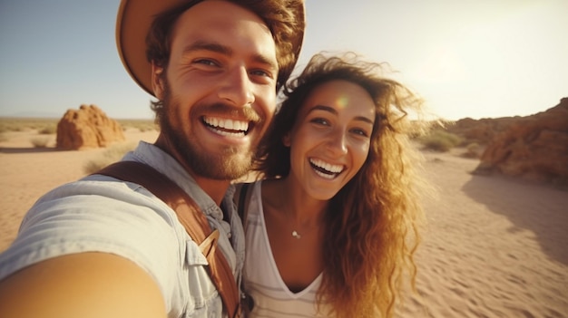 Una coppia di viaggiatori felici che si fanno un selfie nel deserto roccioso, un giovane uomo e una giovane donna che si divertono.