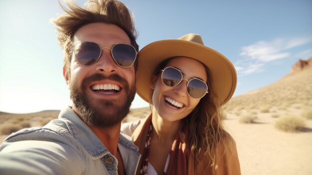Una coppia di viaggiatori felici che si fanno un selfie nel deserto roccioso, un giovane uomo e una giovane donna che si divertono.