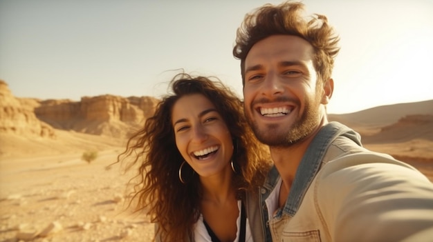 Una coppia di viaggiatori felici che si fanno un selfie nel deserto roccioso, un giovane uomo e una giovane donna che si divertono.
