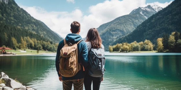 Una coppia di viaggiatori guarda il lago di montagna Concetto di viaggio e vita attiva con il team Avventura e viaggio nella regione montuosa dell'Austria